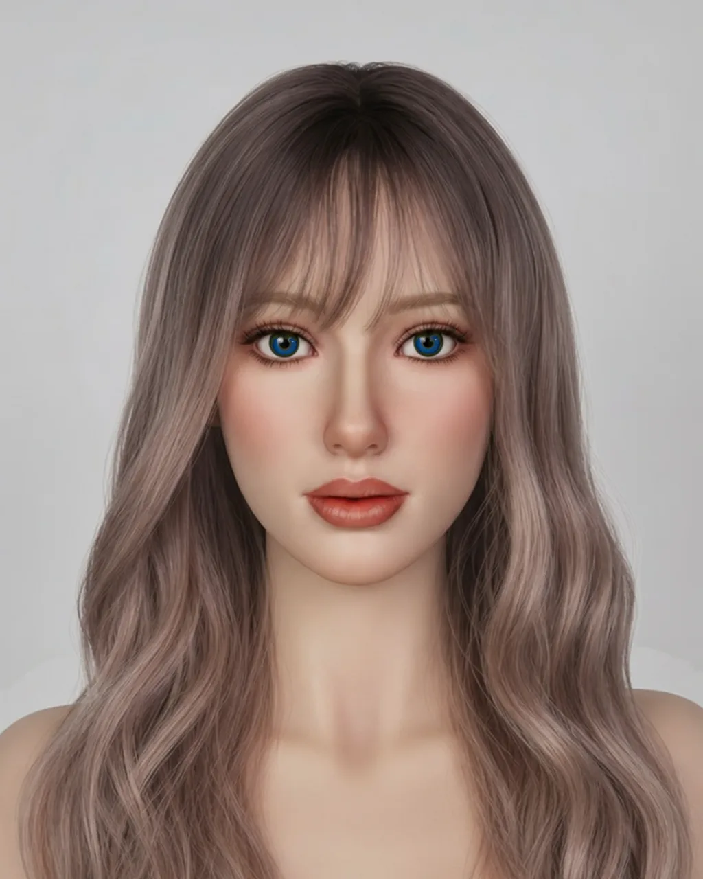 A finished silicone face, hand-painted, with implanted lashes and brows
